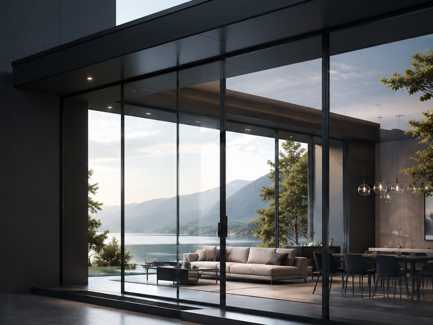 A glazed sliding door system opening onto a lake view